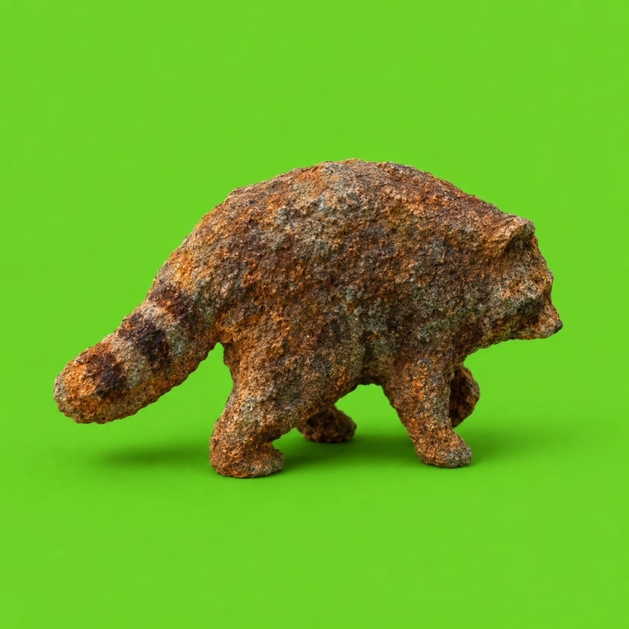 Copper Raccoon made from rough copper ore on an acid green background
